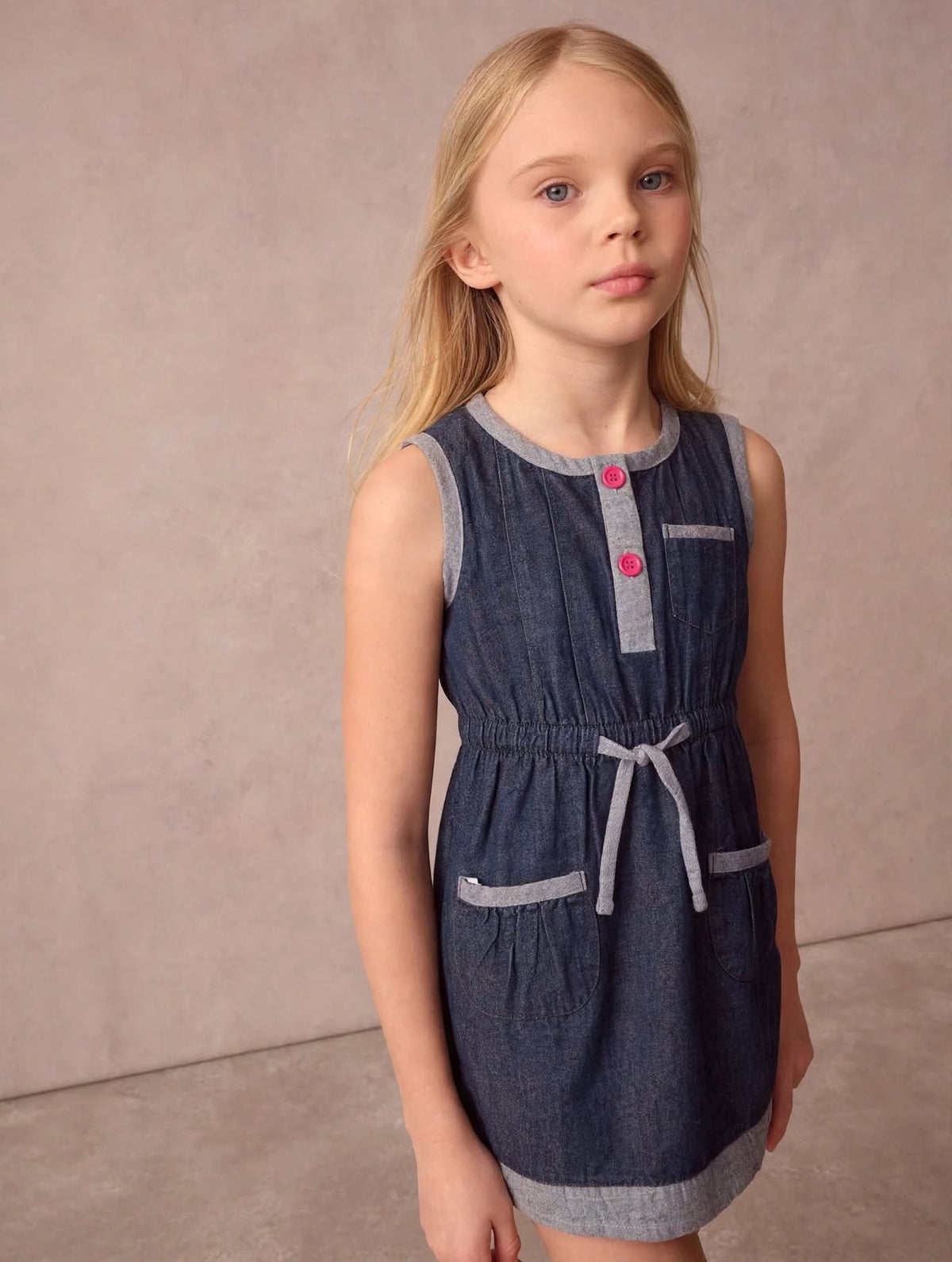 Stylish Sleeveless Denim Dress with Contrast Trim & Waist Tie for Girls | MH