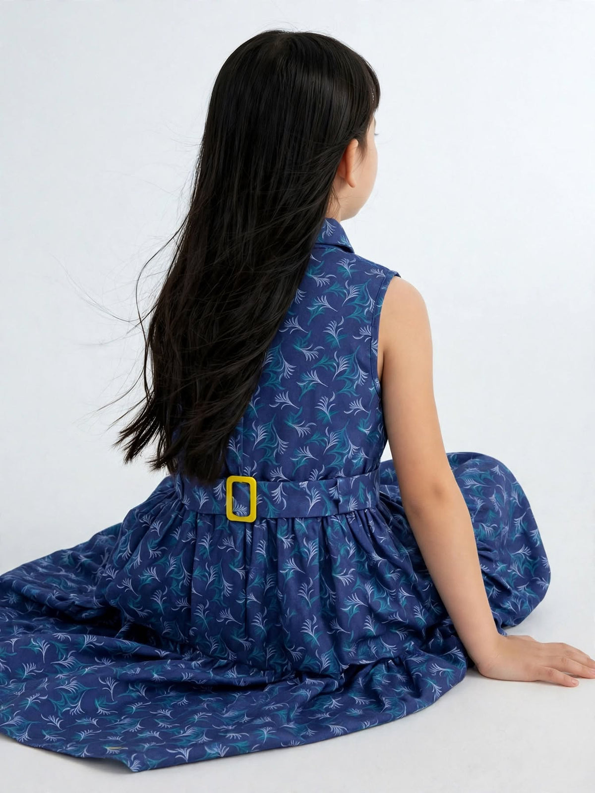 Elegant Navy Floral Sleeveless Belted Girls Dress | MH