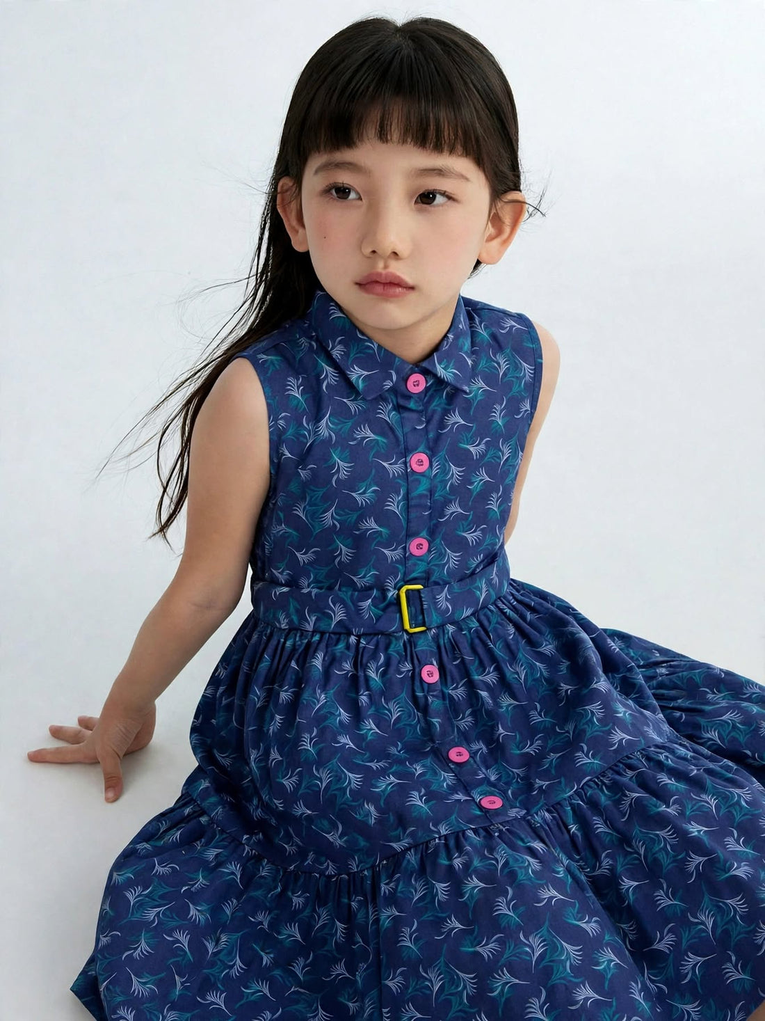 Elegant Navy Floral Sleeveless Belted Girls Dress | MH