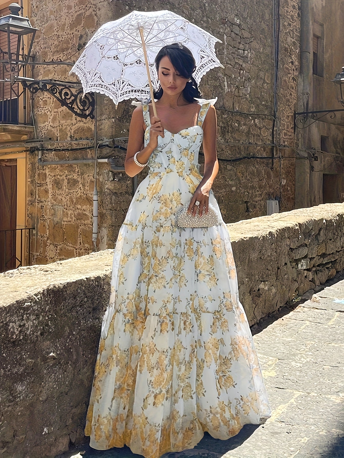Elegant French Floral Off-Shoulder Long Dress - /MH