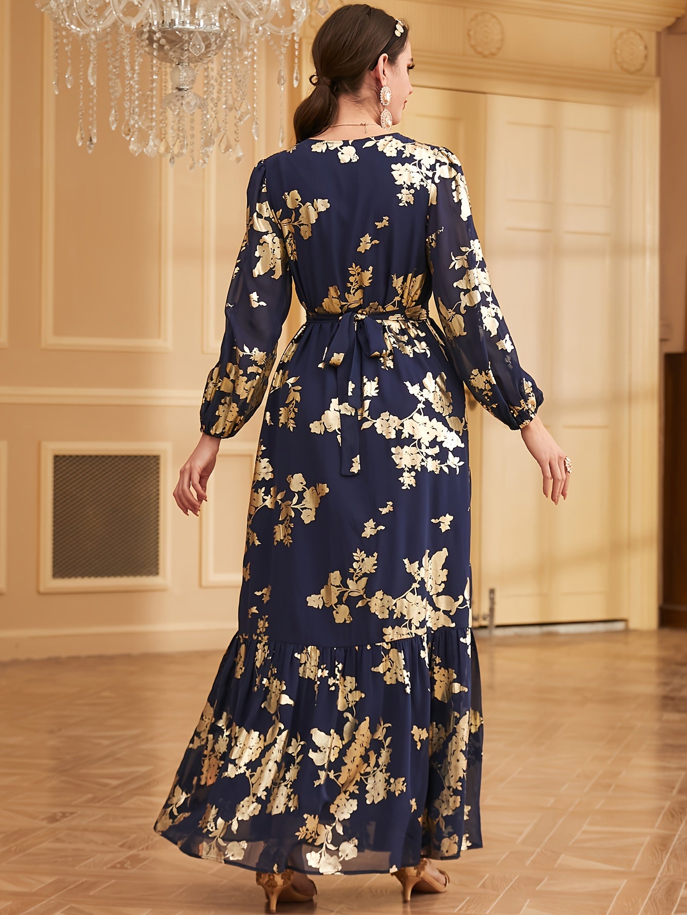 Bronzing V-neck Kaftan Dress, Elegant Long Sleeve 'MH