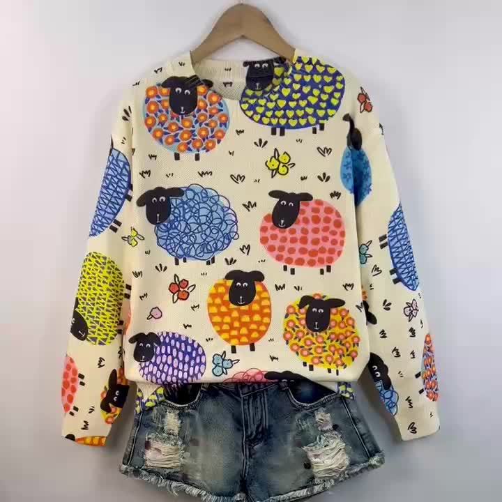 Elegant Sheep Print Long Sleeve Pullover Sweater for Women .