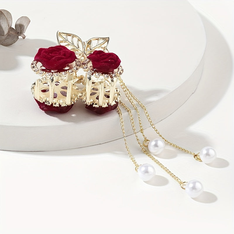 Elegant Red Rose Tassel Rhinestone Small Claw Clip,