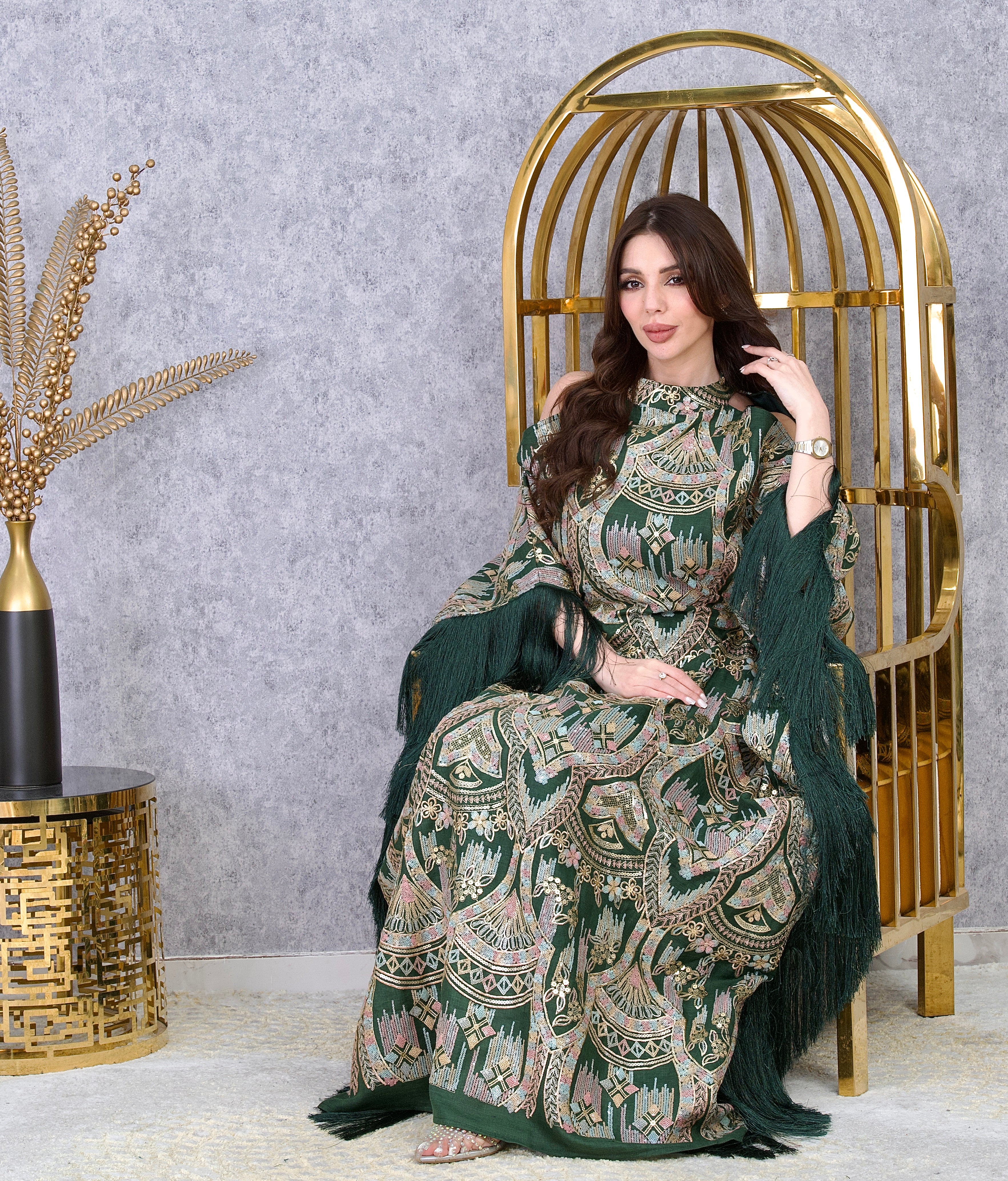 Royal Embroidered Kaftan Dress with Fringe Sleeves | Luxury Evening Abaya UAE | 4 Colors | Sizes M-XXL | MH