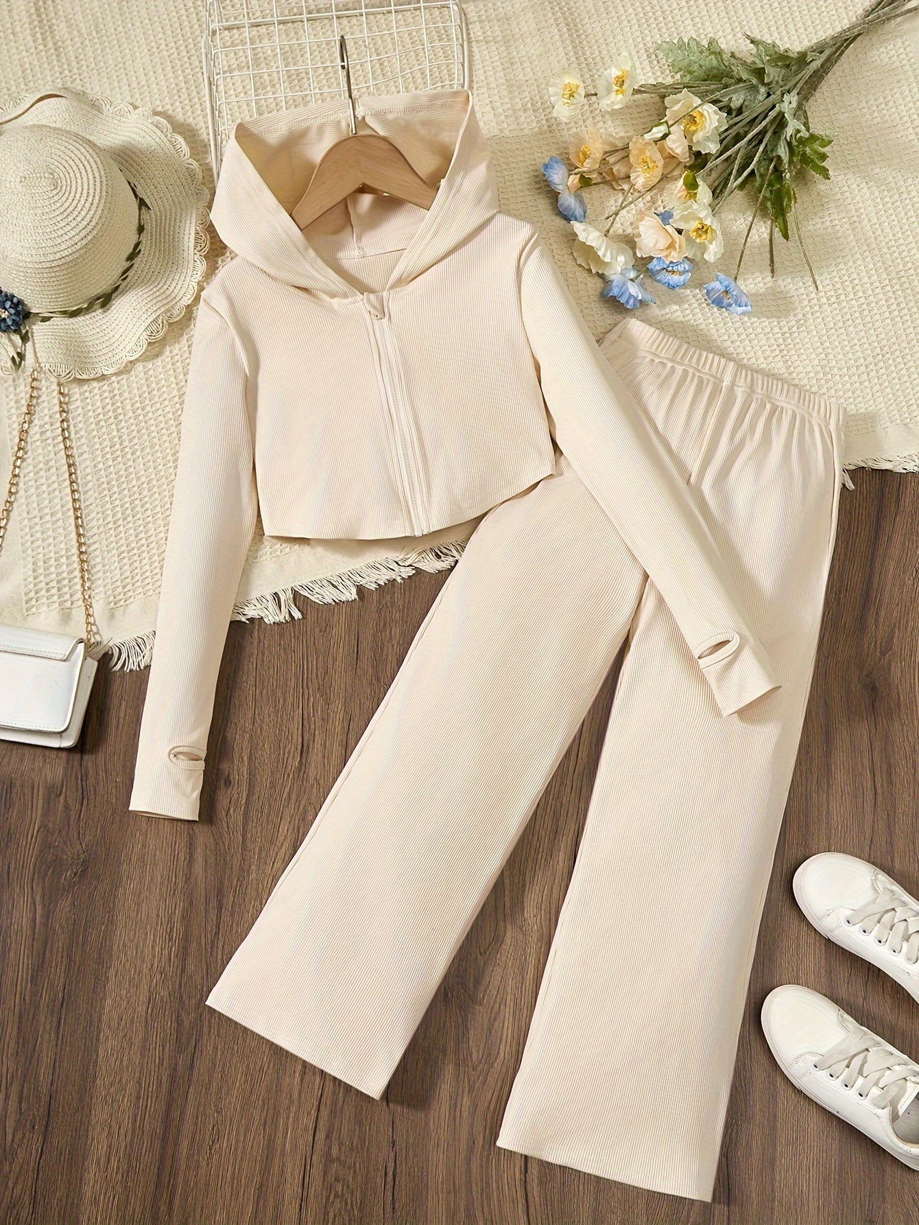 Elegant Girls Slim Outfits 2pc, Zip Hoodies + Loose Fit Flare Pants Kids Clothes.