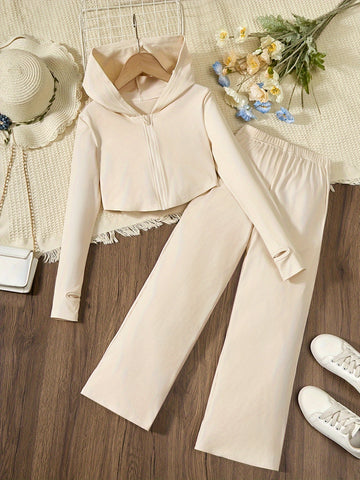 Elegant Girls Slim Outfits 2pc, Zip Hoodies + Loose Fit Flare Pants Kids Clothes.