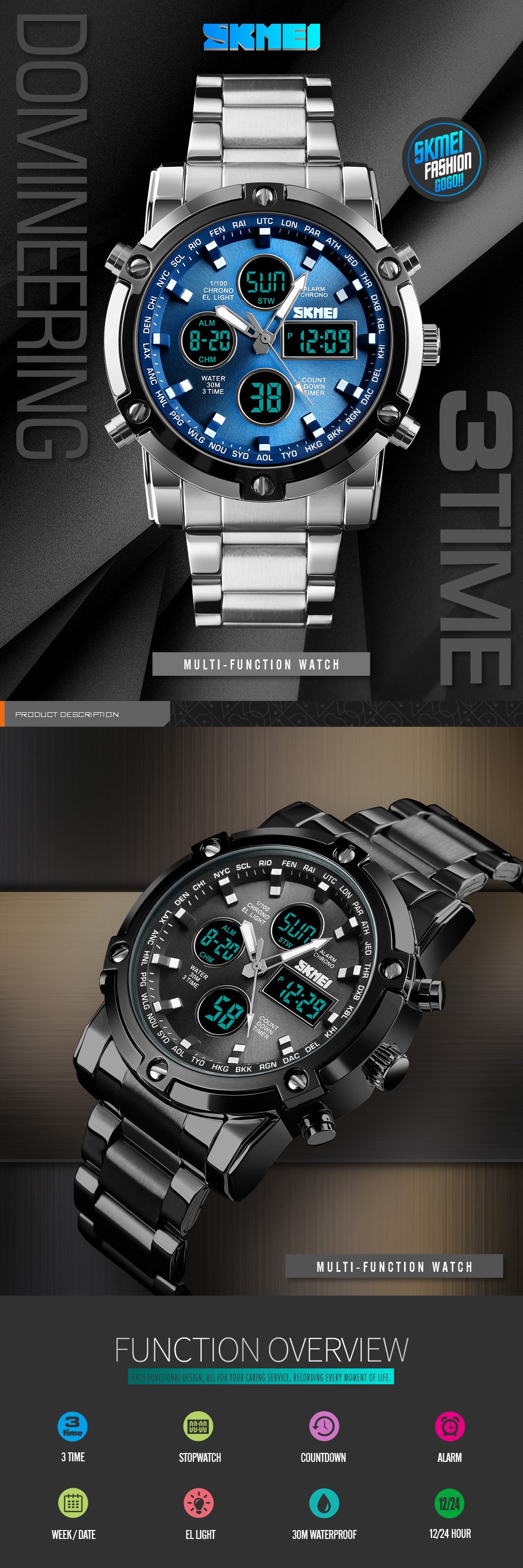 SKMEI New Men Sport Fashion Watch Quartz Stopwatch Dual Display.