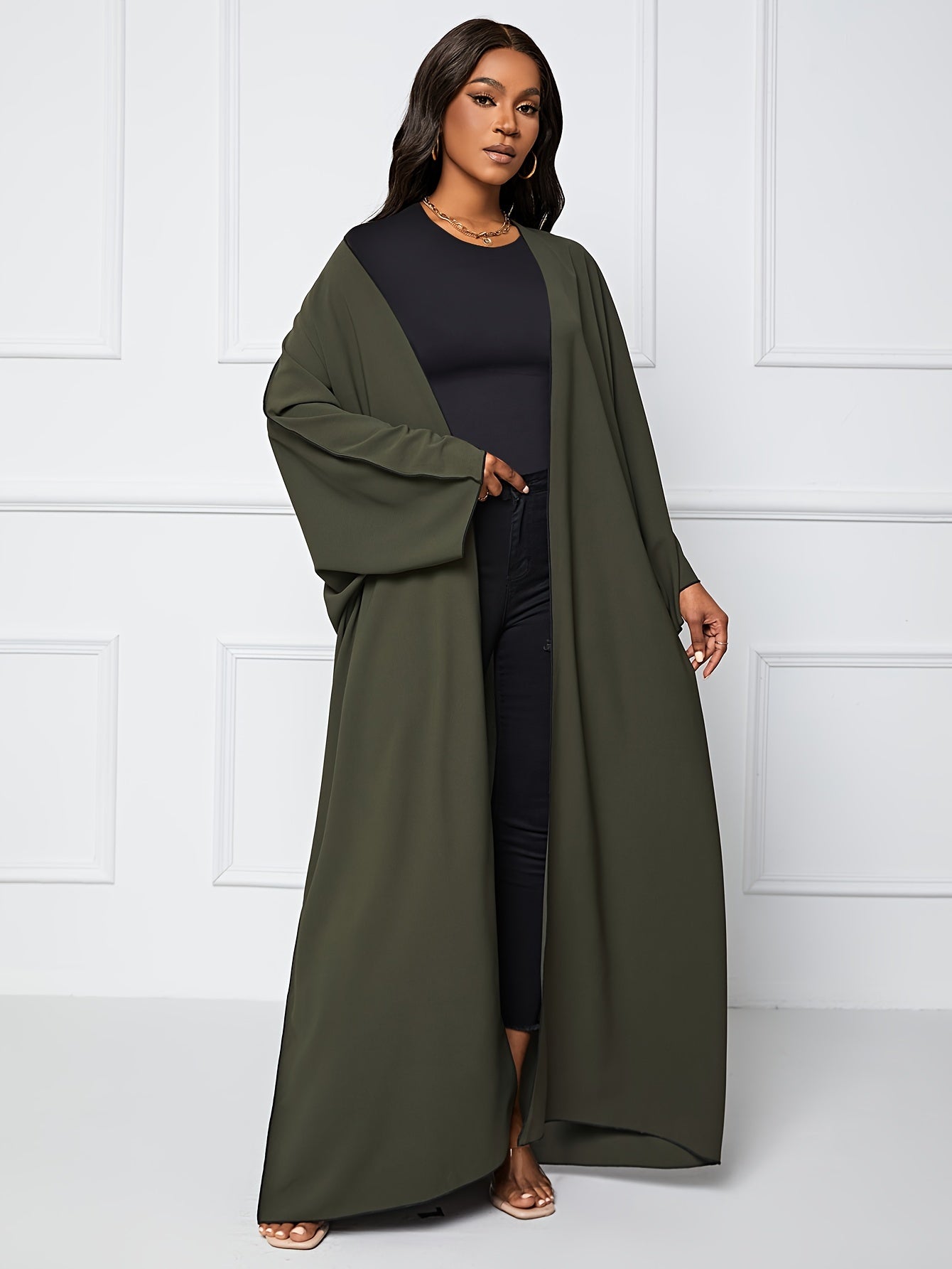 Solid Crew Neck Long Sleeve Kaftan Dress, /MH