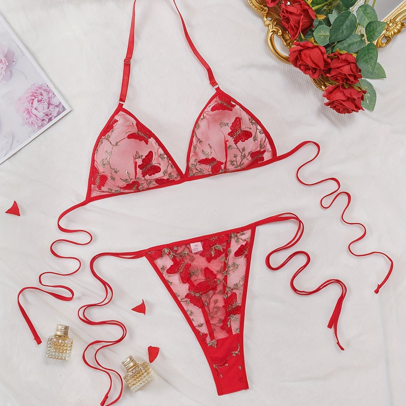 Butterfly Embroidery Bra & Panties, Halter Unlined Plunge Bra '/MH
