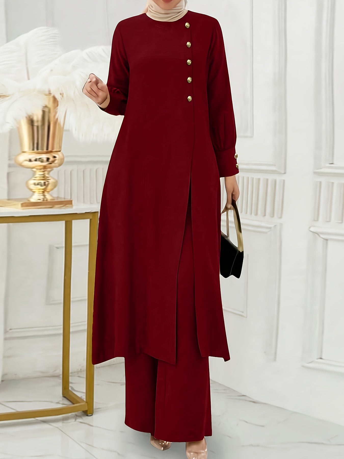Solid Color Button Design Long Sleeve Top and Pants Set, Arabic Style,/MH