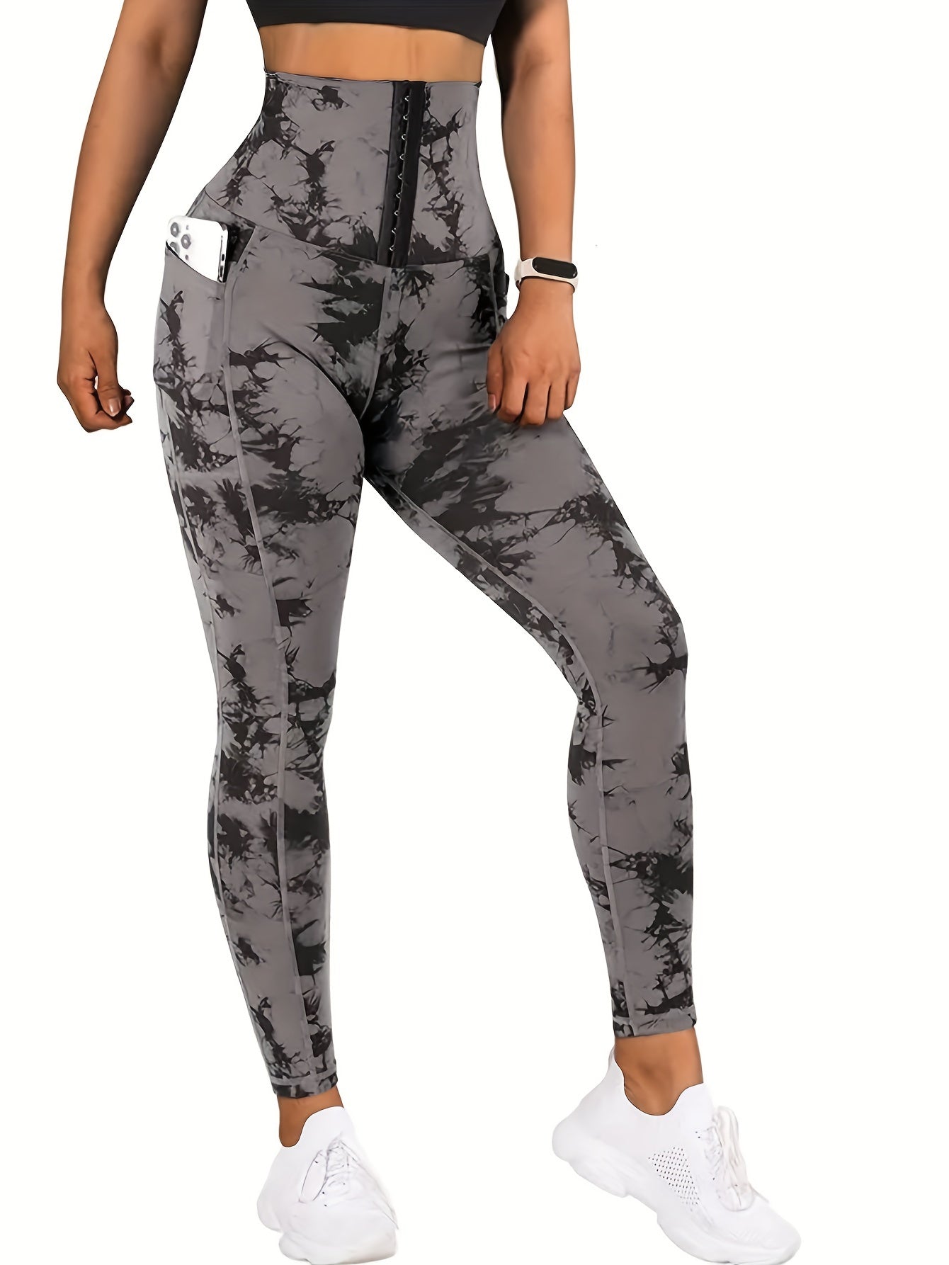 Women'S High-Waist Tie-Dye Yoga Leggings with Front Button Closure & Pockets .