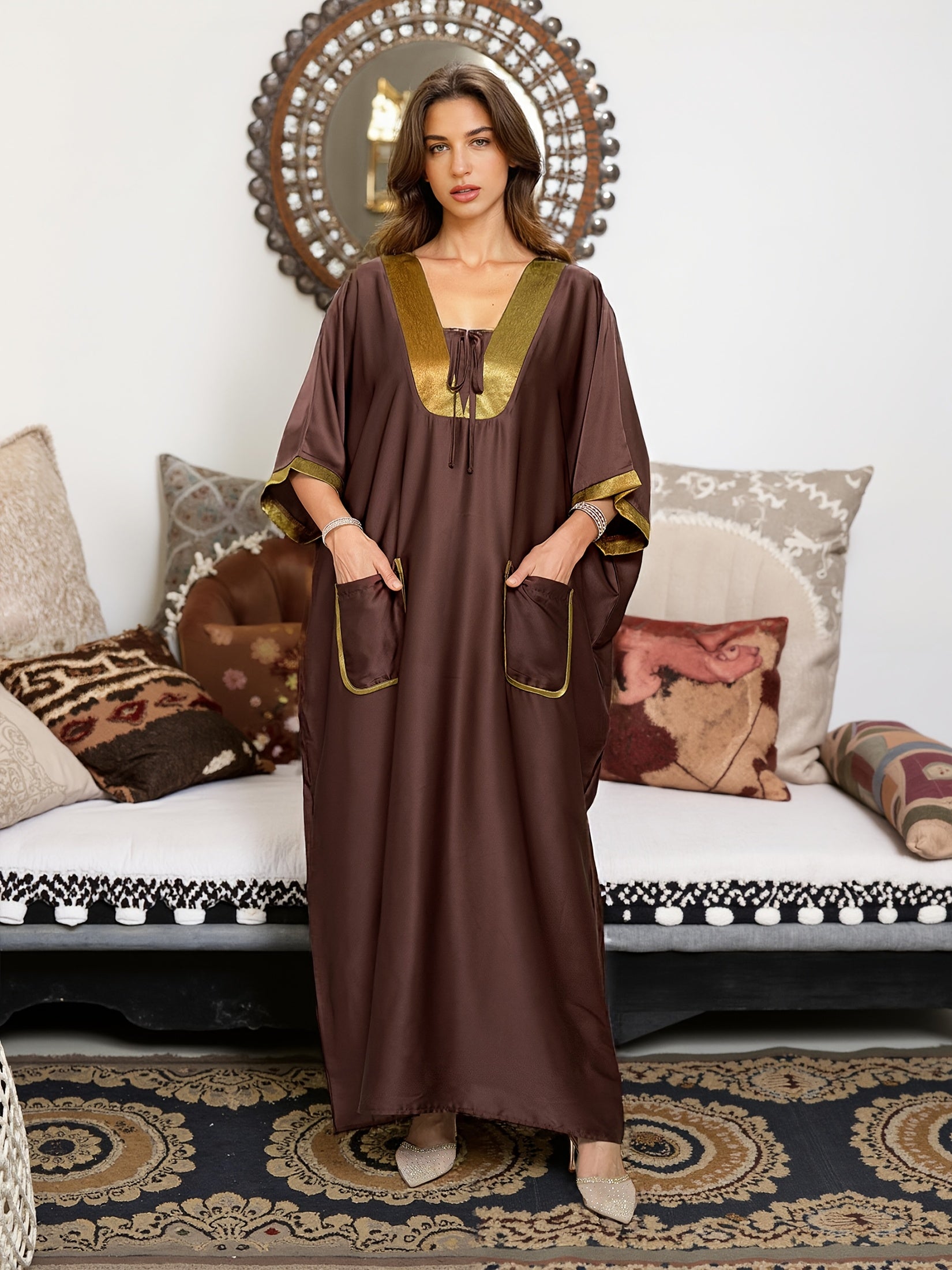 EDOLYNSA Vintage Brown & Golden Contrast Satin V-Neck./MH