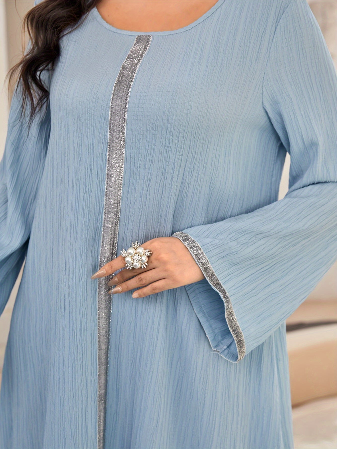 Contrast Trim Crew Neck Kaftan Dress, /MH