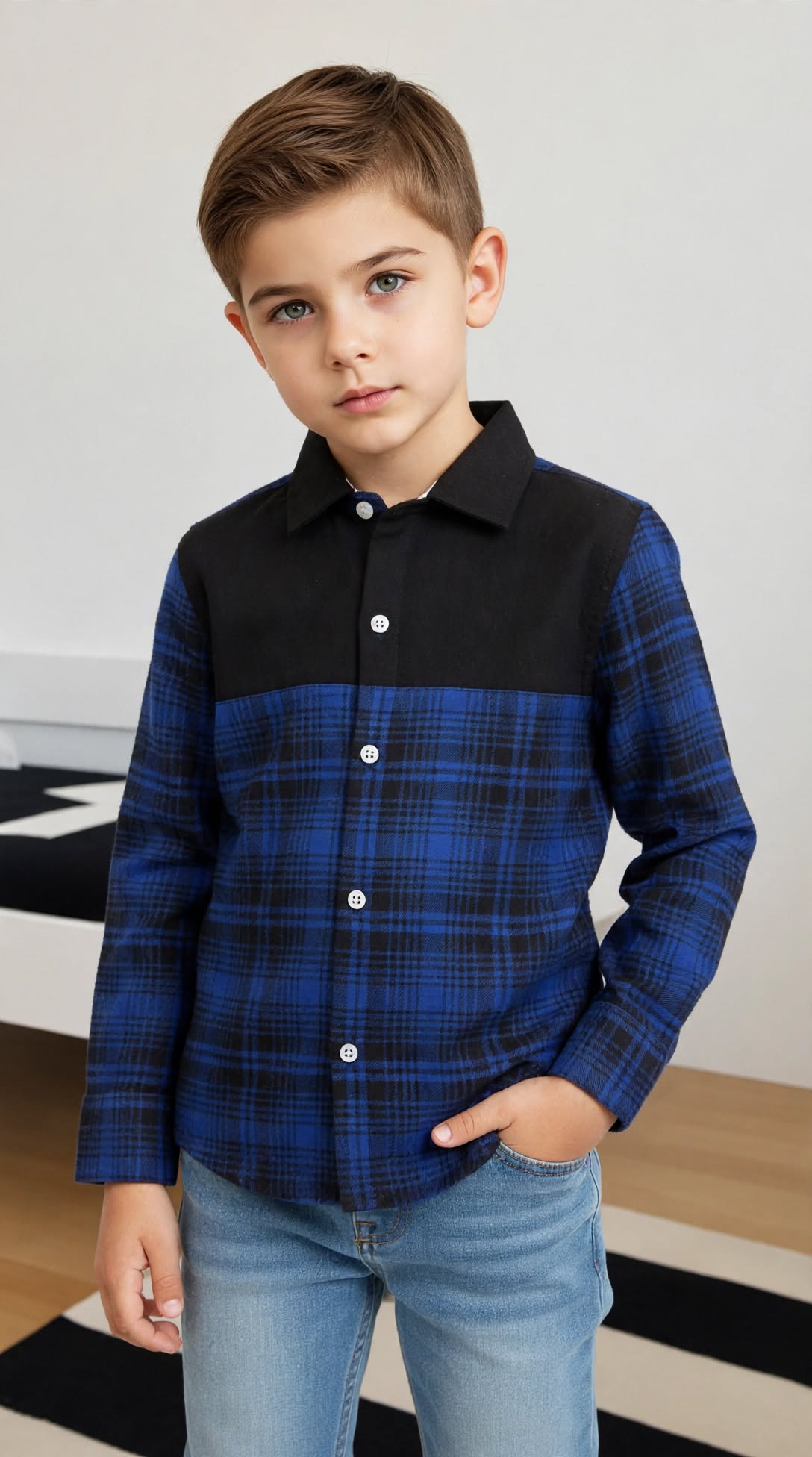 Boys Blue & Black Plaid Cotton Button-Up Shirt | Smart Casual Kids Shirt (3-14Years)