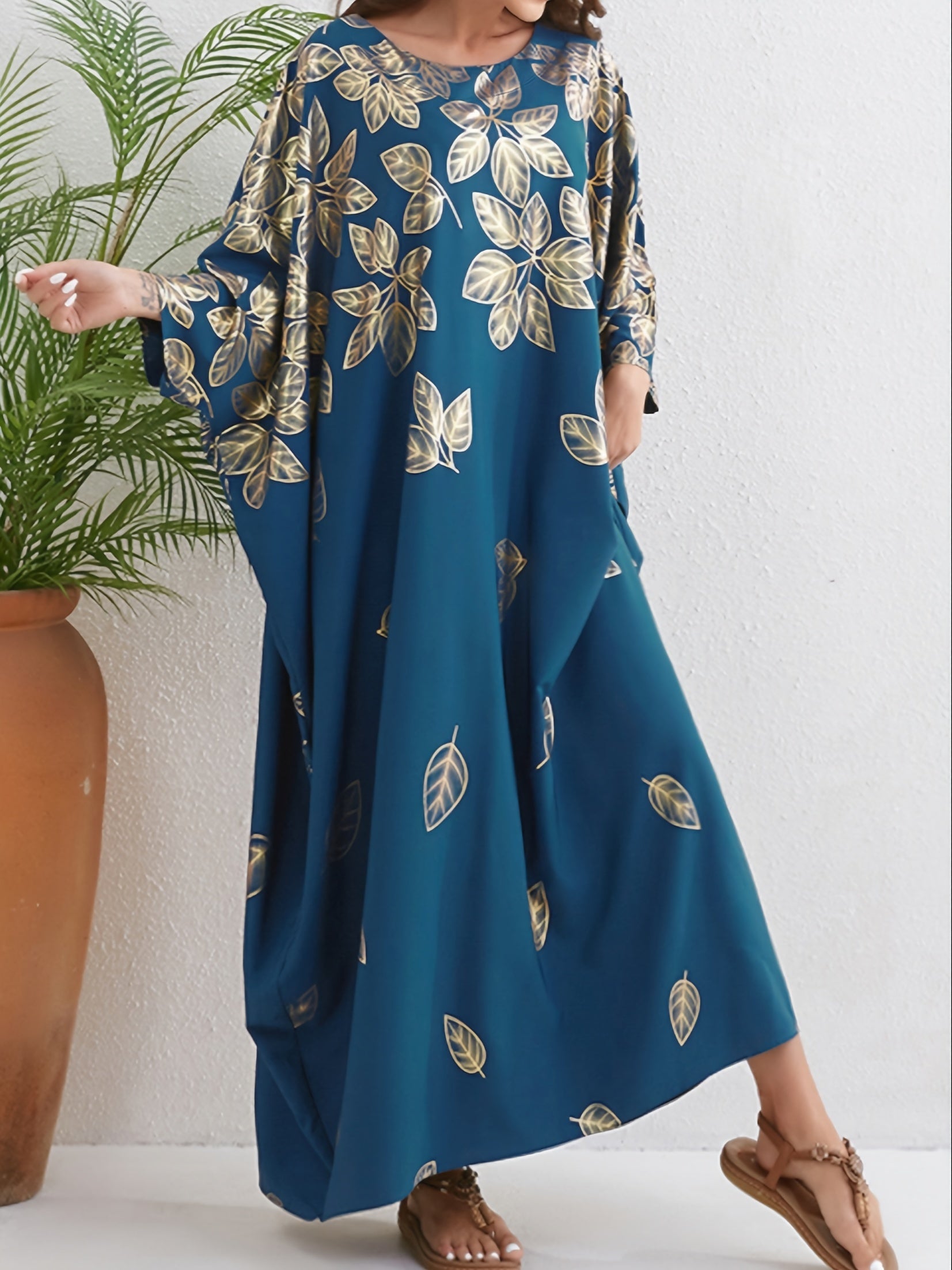 Leaf Print Crew Neck Kaftan, Elegant Batwing Sleeve'/MH