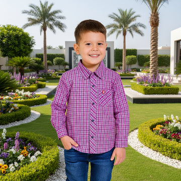 Kids Purple Checkered Shirt Boys Long Sleeve Collar Pocket | Ages 2-12 Sizes | MH