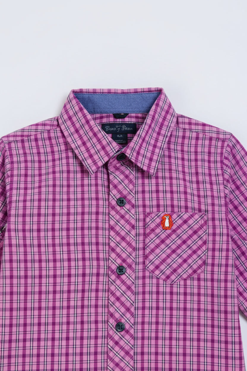Kids Purple Checkered Shirt Boys Long Sleeve Collar Pocket | Ages 2-12 Sizes | MH