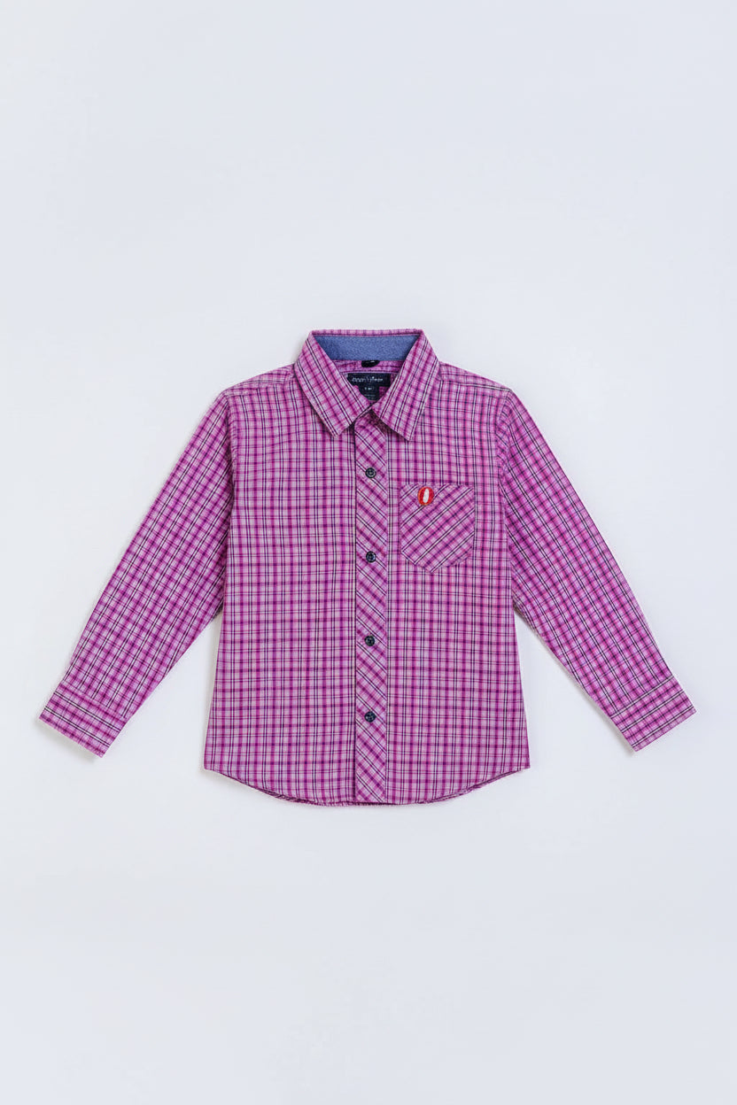 Kids Purple Checkered Shirt Boys Long Sleeve Collar Pocket | Ages 2-12 Sizes | MH