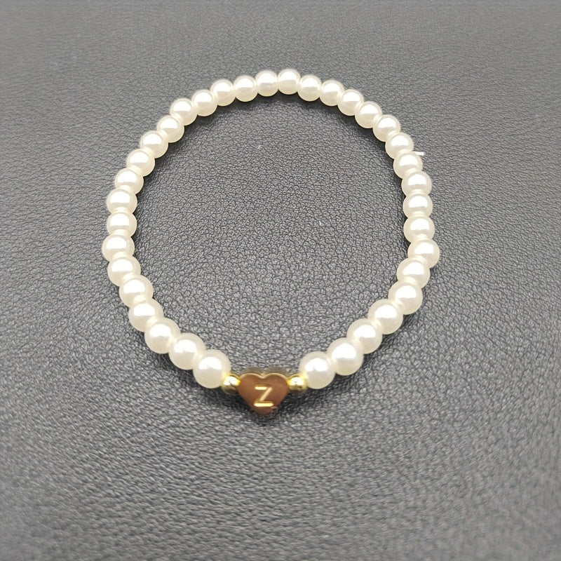 1pc Classic Initial A-Z Lettering Heart Faux Pearl Beaded Bracelet, Elegant Party Jewelry Birthday Gift For Teen Girls