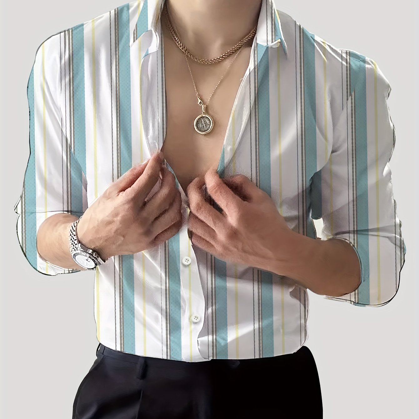 Men's Striped Lapel Collar Dress Shirts, Long Sleeve .