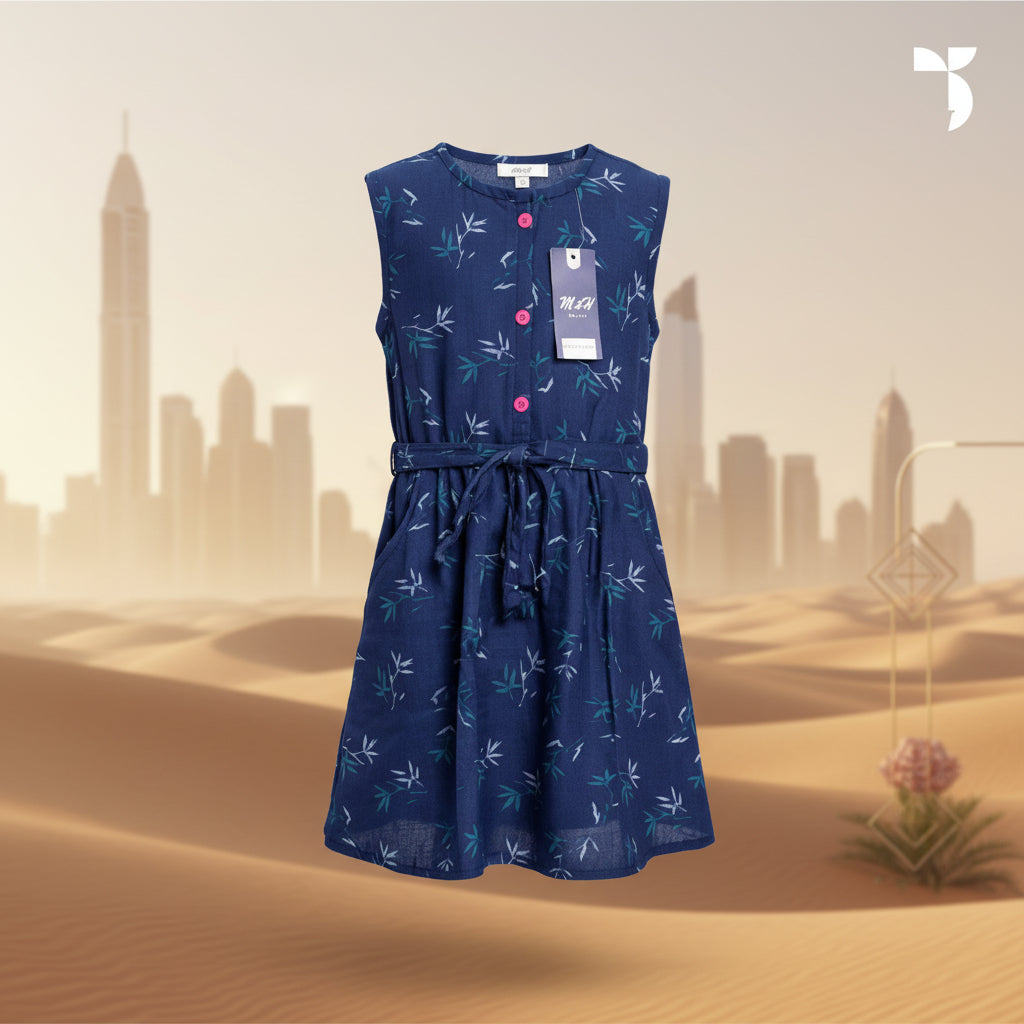 Girls Navy Blue Bamboo Print Sleeveless Dress with Belt | MH Kids Summer Casual Dress Age(2-12Years)