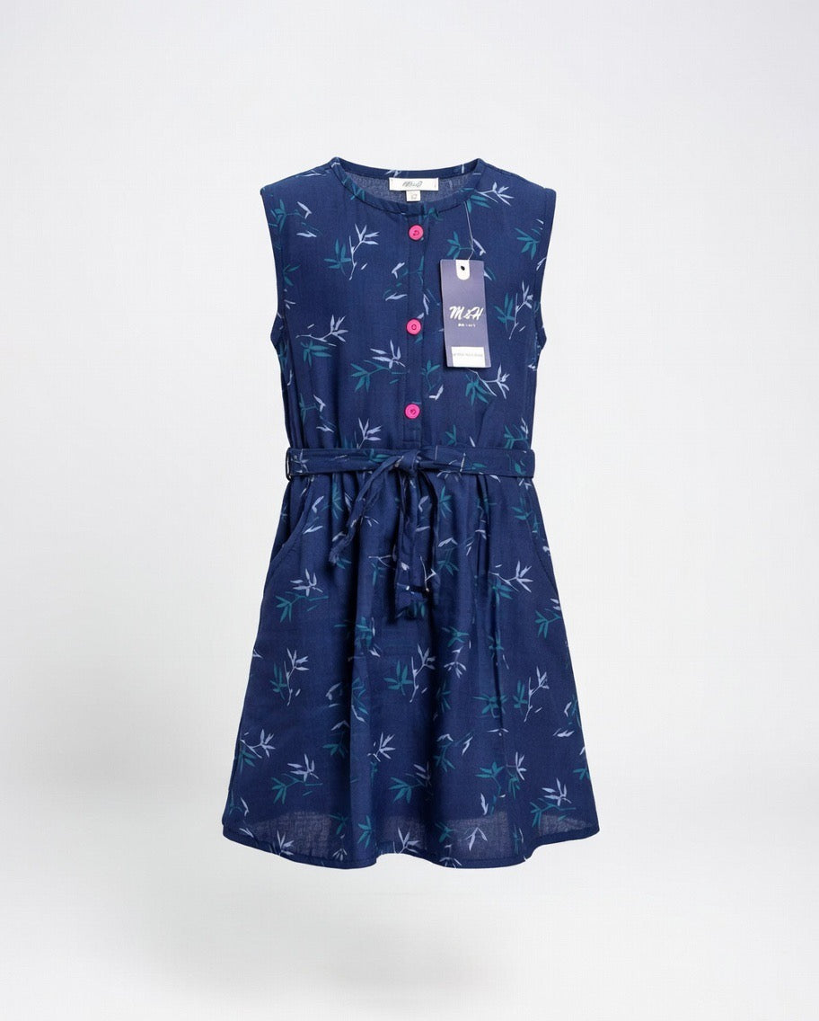 Girls Navy Blue Bamboo Print Sleeveless Dress with Belt | MH Kids Summer Casual Dress Age(2-12Years)
