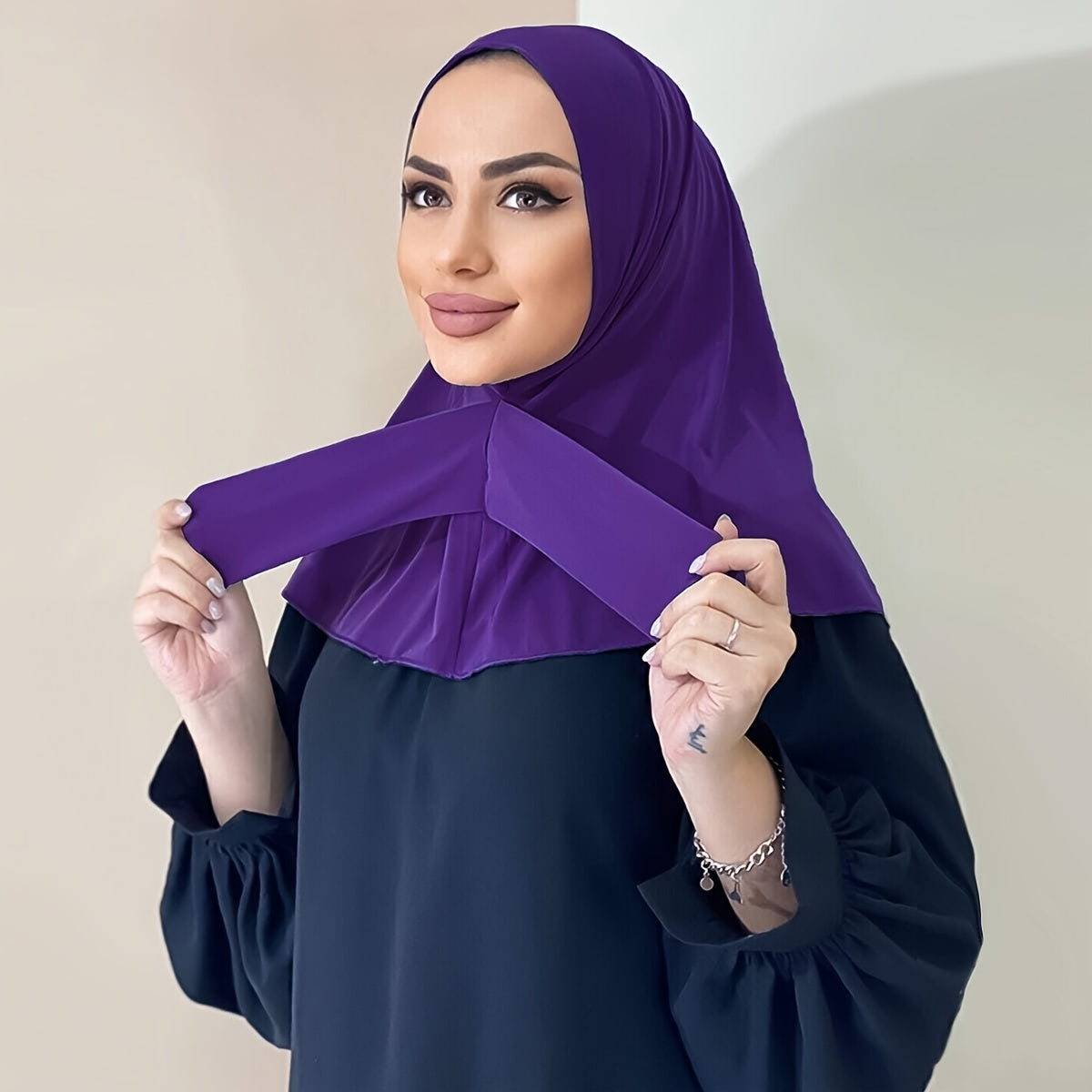 Solid Color Hijab Snap Button Adjustable Headscarf Casual Elastic '/MH