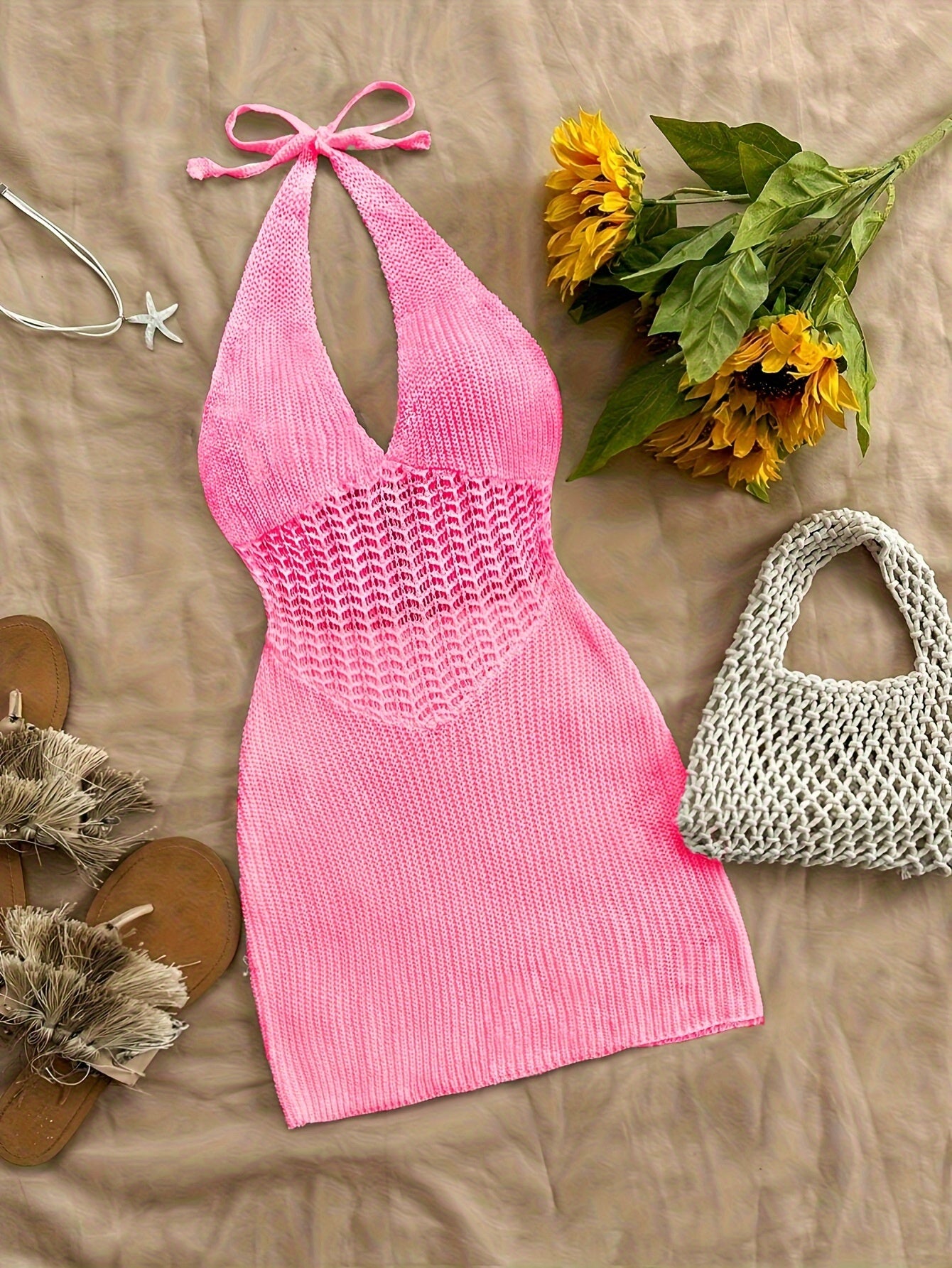 Stylish Vacay Knit Cover Up Dress - Rash Guard Shirts for Women with Halter Tie Neck and Backless Design, Swimwear and Beachwear Clothing for Summer Vacation