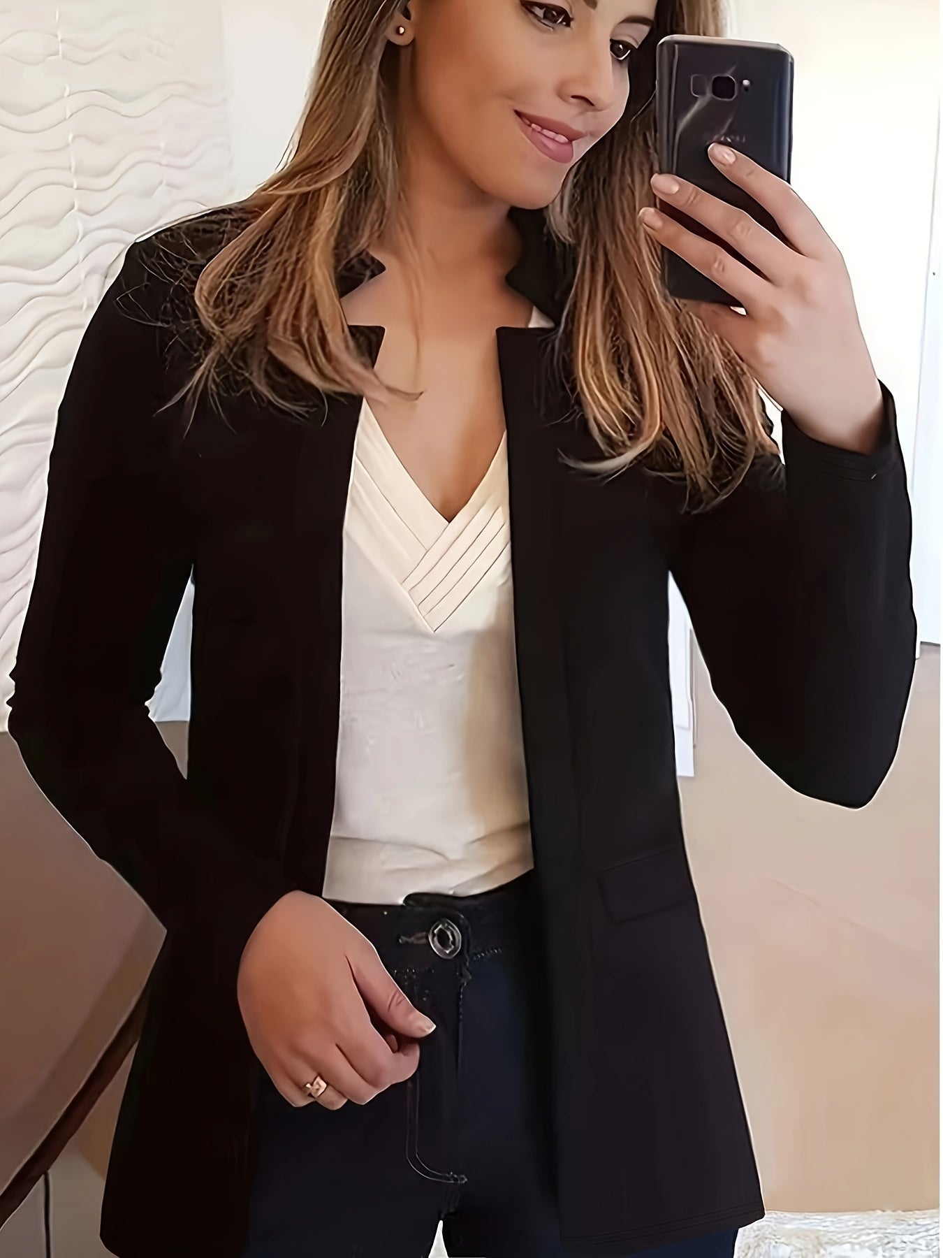 Solid Open Front Blazer, Casual Long Sleeve Blazer For Office,