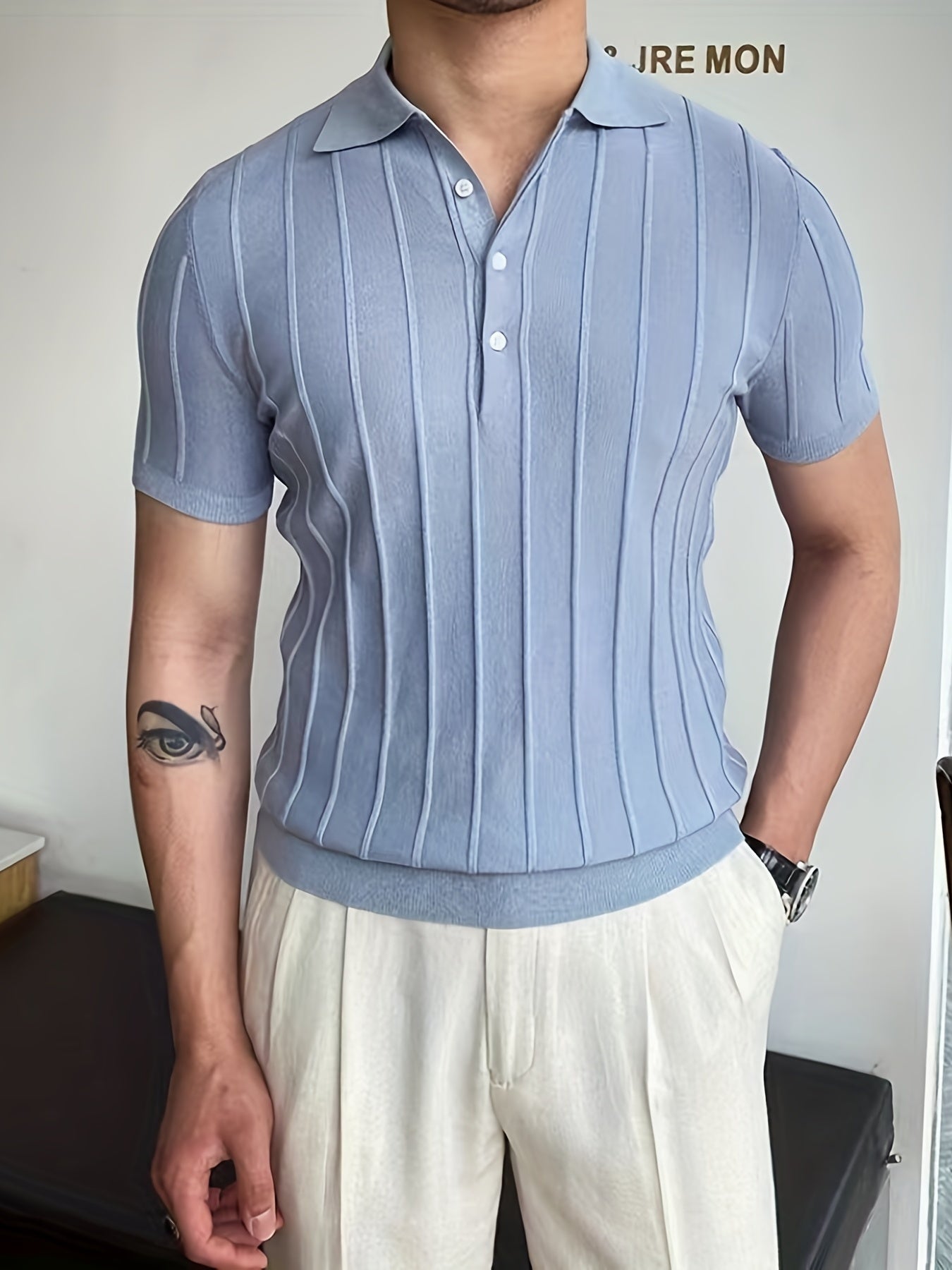 Vertical Striped Chic Shirt, Men's Casual Solid Color High Stretch .