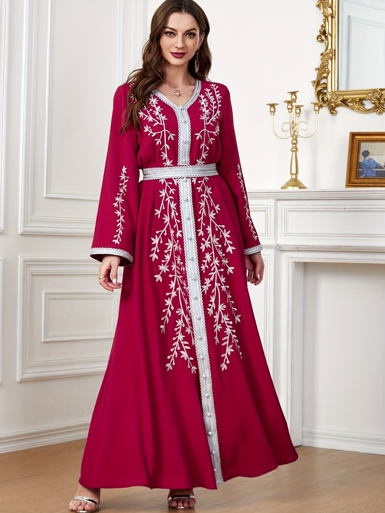 Floral Pattern Kaftan Dress, Elegant V Neck '/MH