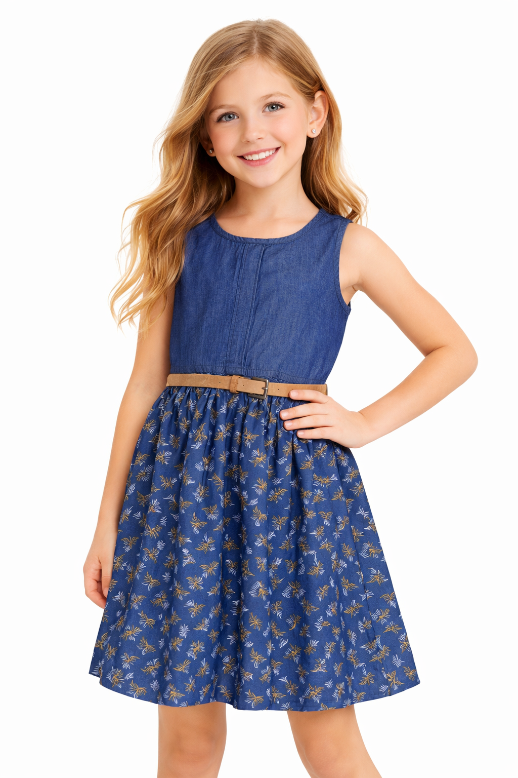 Sleeveless Navy Denim Floral Chambray Dress for Girls with Tan Belt | MH Kids Casual Sundress
