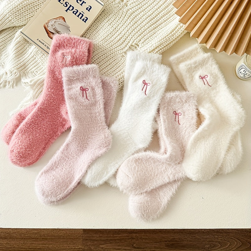 5pcs Women's Cozy Pink Bowknot Plush Socks - /MH