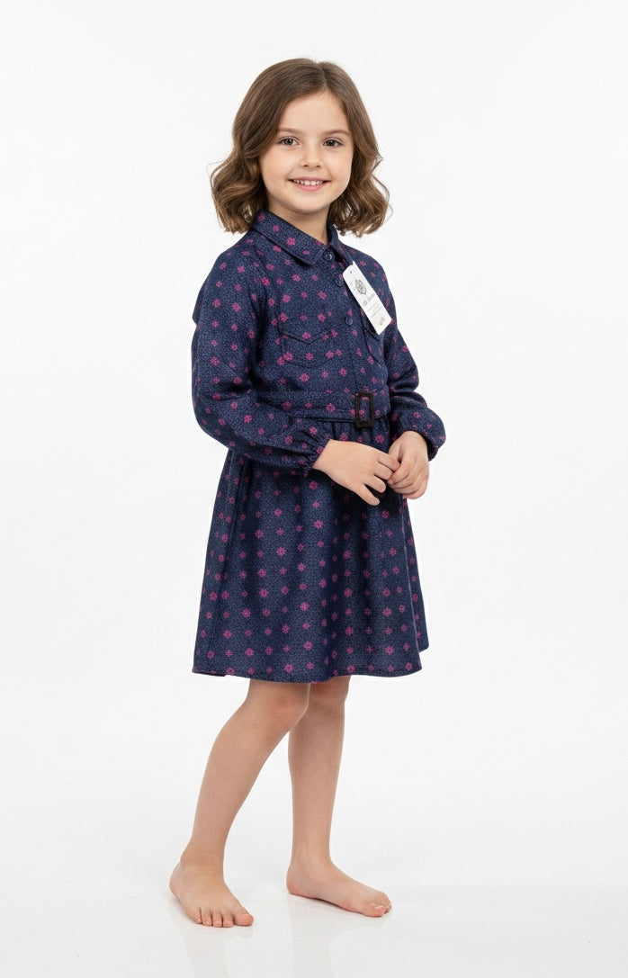 Girls' Blue Denim Cyan Prints Ruffle Sleeve Floral Belted Dress (2-12 Years) | MH
