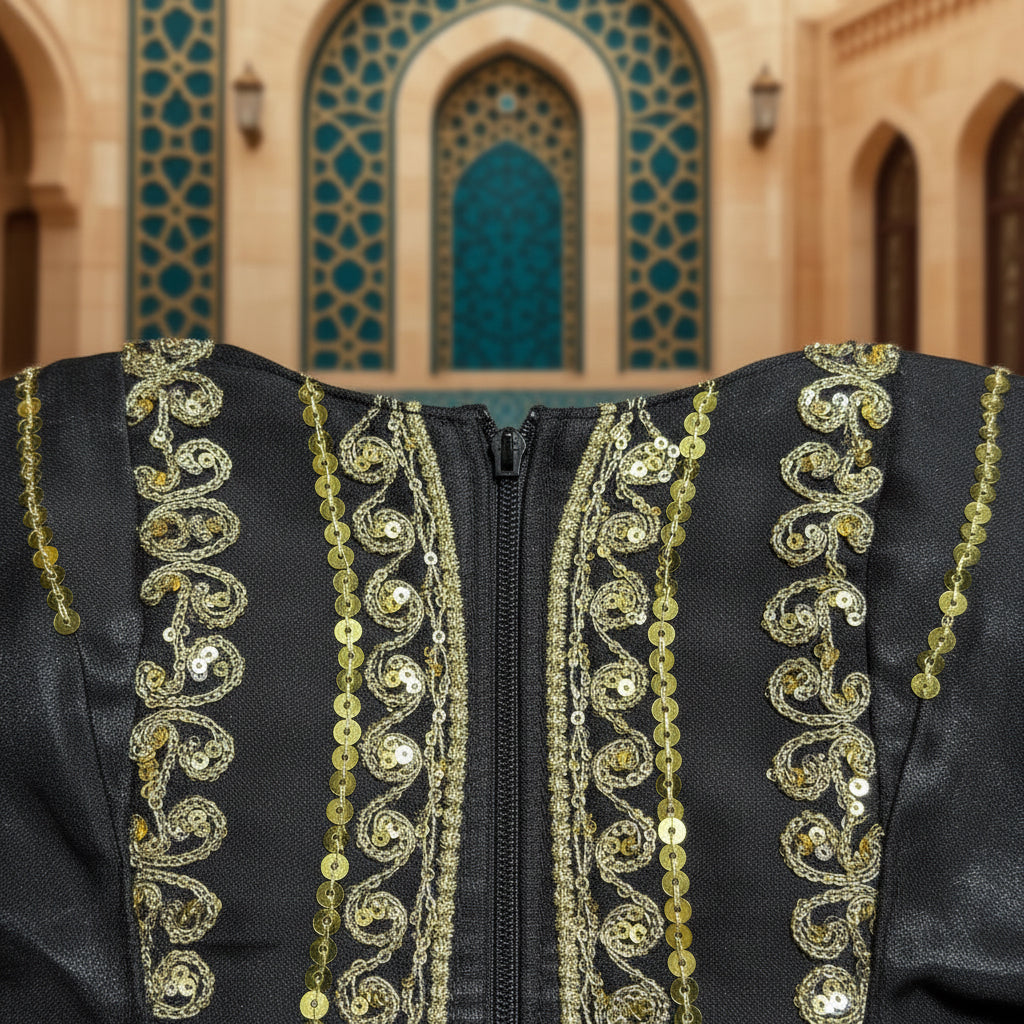 Luxury Black Gold Embroidered Modest Kaftan Dress for Girls | Islamic Fashion | Ages 8-10 | MH