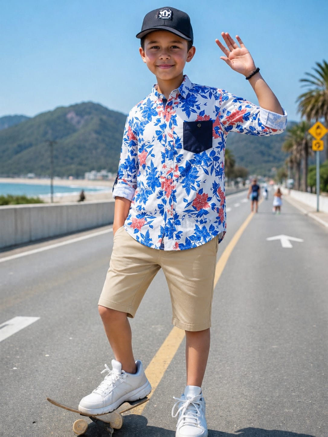 Boys Floral Print Long Sleeve Shirt | White Blue & Red Flower Pattern | Ages 3–14 Years | MH