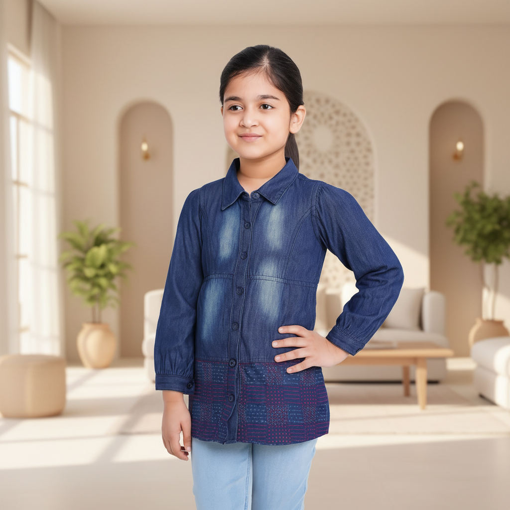 Girls Washed Blue Denim Button-Down Tunic (2–12 Years)