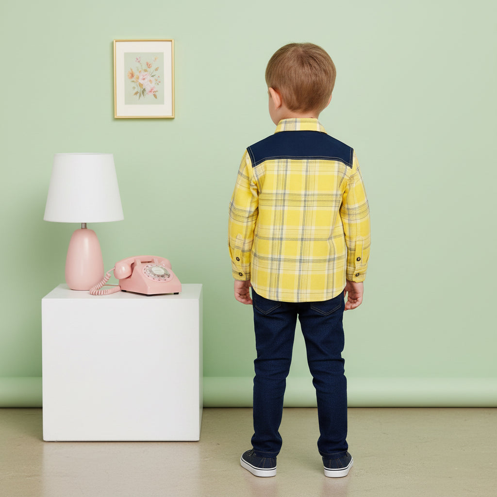 Boys’ Checkered Multi-Color Long Sleeve Button Up Shirt Plaid Contrast Shoulders | Sizes 2-12Years | MH
