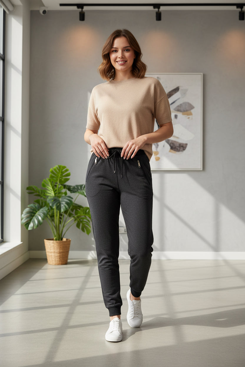 Women's Contrast Waistband Slim-Fit Joggers with Zip Pockets, 6 Colored | Sizes S-XL | MH