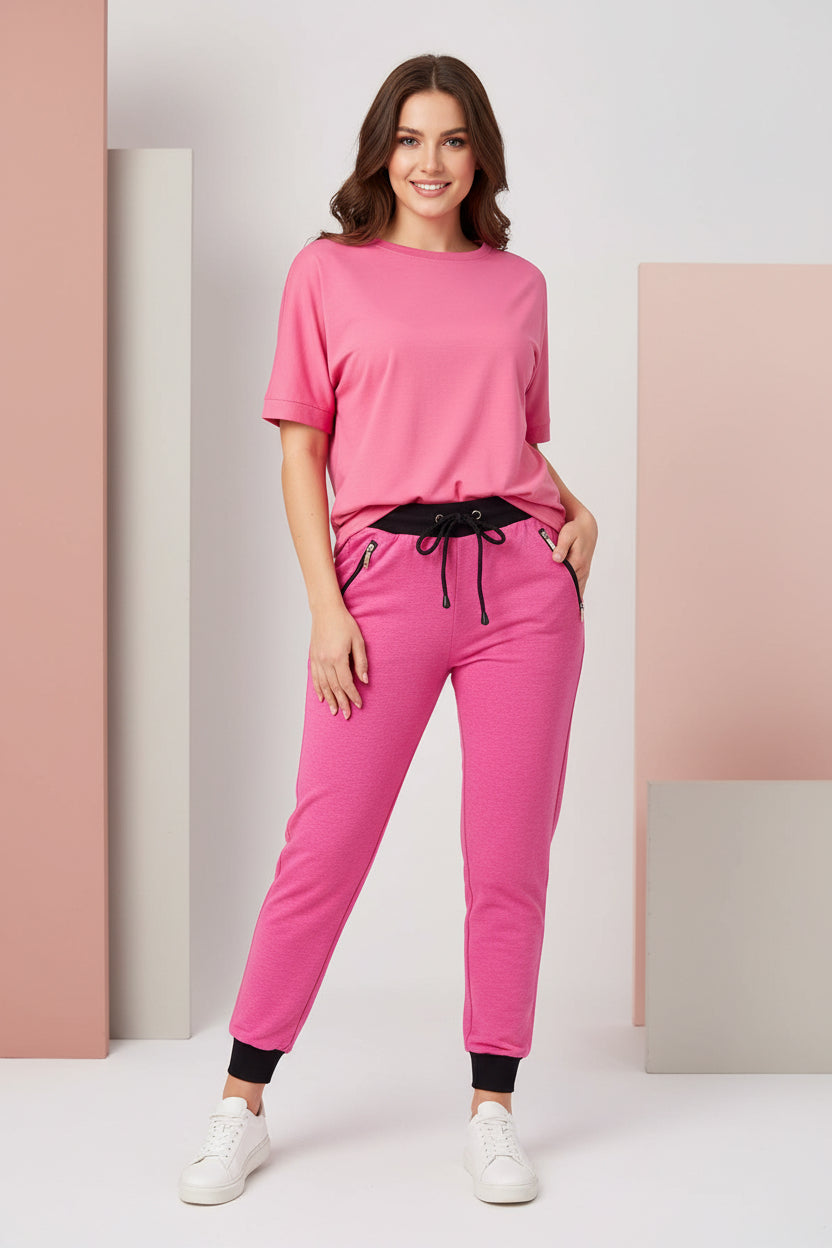 Women's Contrast Waistband Slim-Fit Joggers with Zip Pockets, 6 Colored | Sizes S-XL | MH