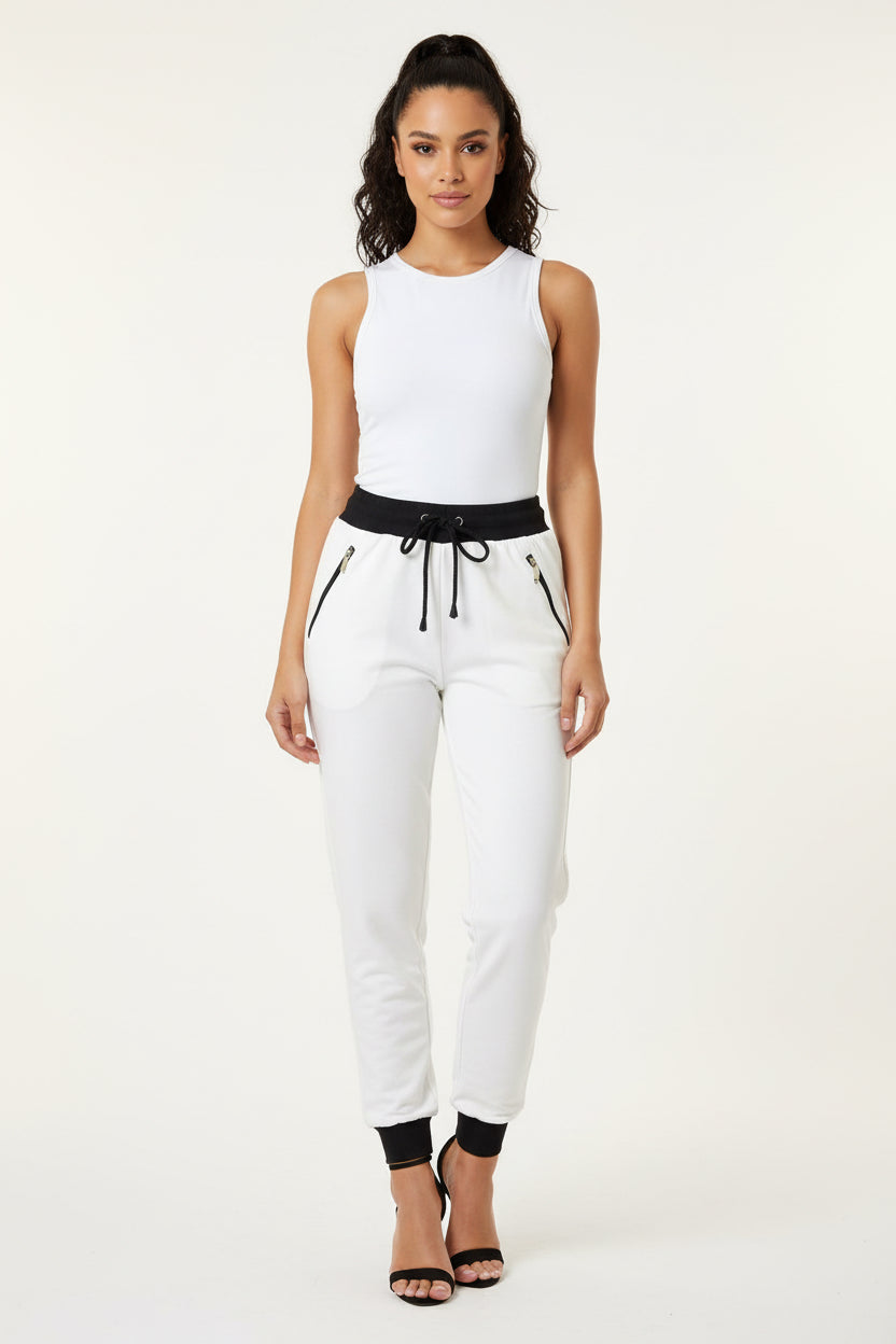 Women's Contrast Waistband Slim-Fit Joggers with Zip Pockets, 6 Colored | Sizes S-XL | MH