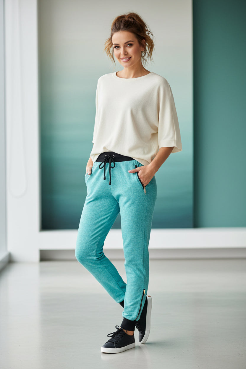 Women's Contrast Waistband Slim-Fit Joggers with Zip Pockets, 6 Colored | Sizes S-XL | MH