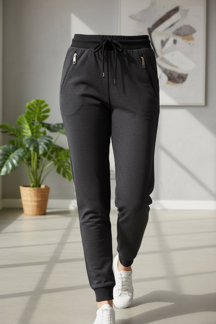 Women's Contrast Waistband Slim-Fit Joggers with Zip Pockets, 6 Colored | Sizes S-XL | MH