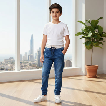 Boys Blue Denim Jogger Jeans 7-12 Years - Casual Drawstring Denim Pants with Side Stripes | MH