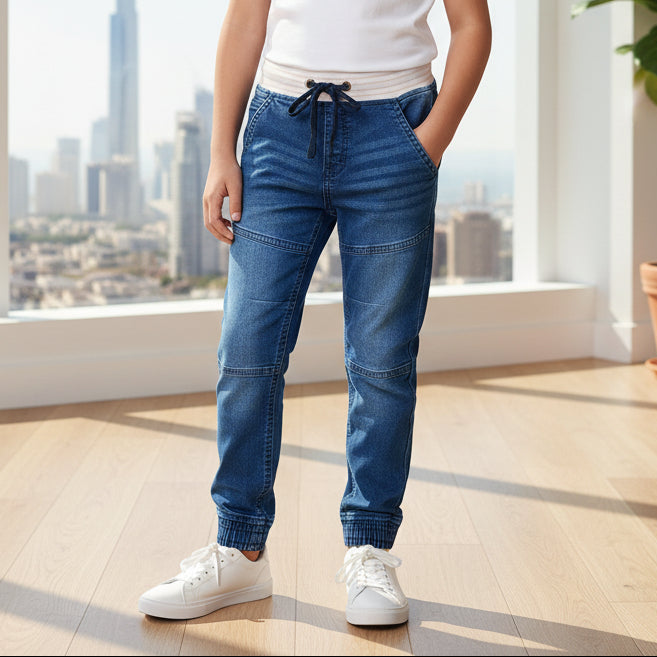 Boys Blue Denim Jogger Jeans 7-12 Years - Casual Drawstring Denim Pants with Side Stripes | MH