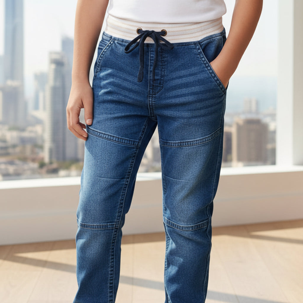 Boys Blue Denim Jogger Jeans 7-12 Years - Casual Drawstring Denim Pants with Side Stripes | MH