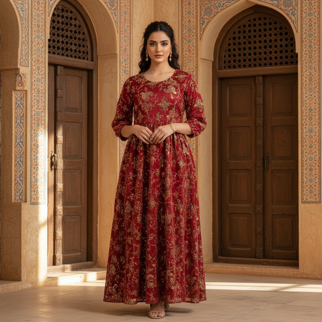Luxury Red Eid Abaya for Women 16,18 Years | Embroidered Modest Dress with Gold Details | MH