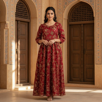 Luxury Red Eid Abaya for Women 16,18 Years | Embroidered Modest Dress with Gold Details | MH
