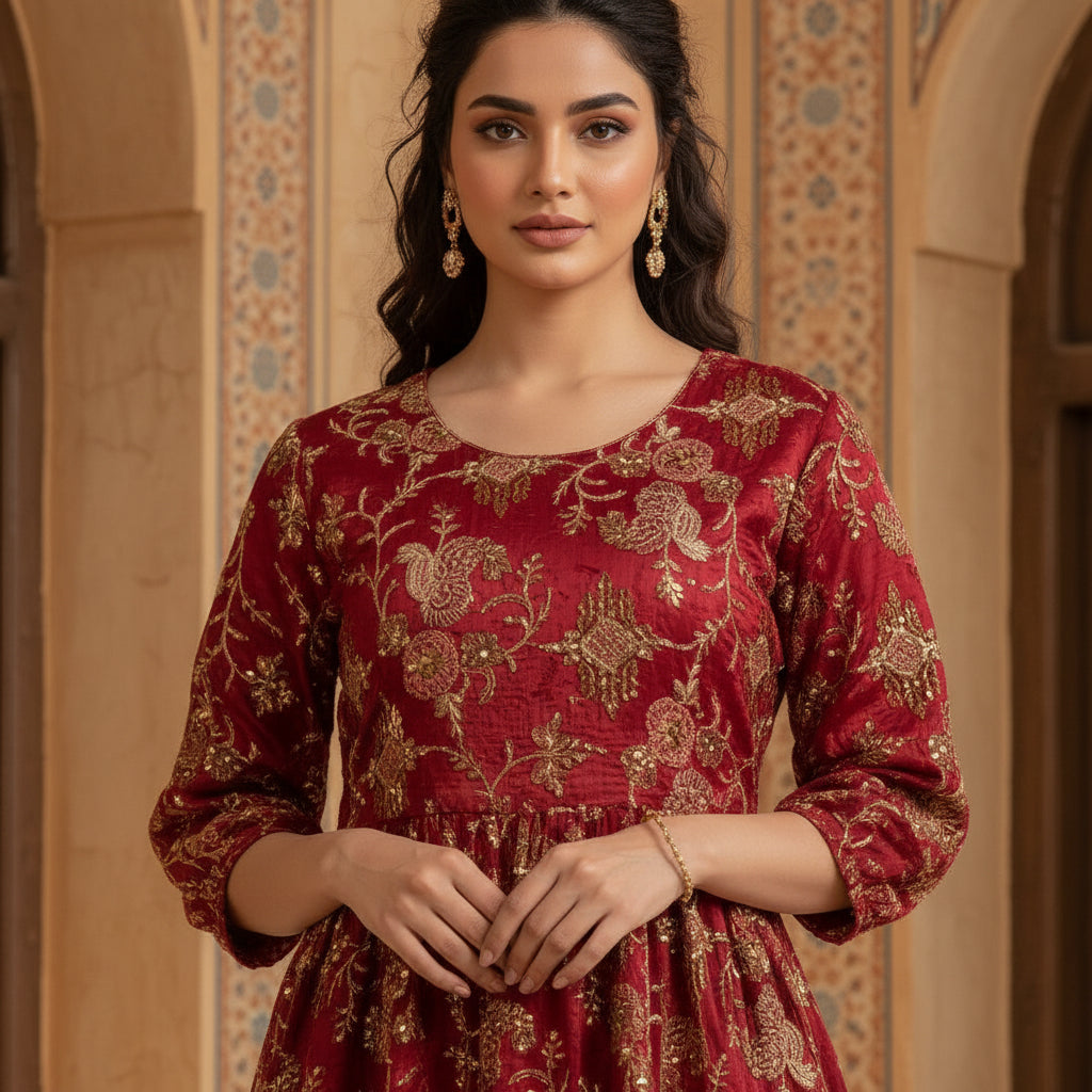 Luxury Red Eid Abaya for Women 16,18 Years | Embroidered Modest Dress with Gold Details | MH