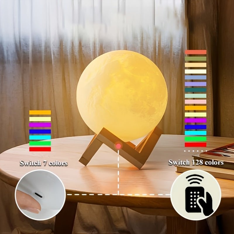 Enchanting 3D Moon Lamp with Remote - USB Rechargeable, Touch Control Night Light for Bedroom Ambiance - Perfect Gift for Valentine's Day & Christmas, Includes Wooden Stand